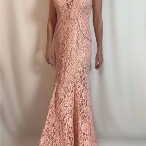 Xscape Sweetheart Neckline Lace Trumpet Gown in Pink